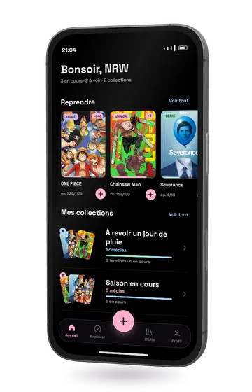 Un iPhone montrant l'accueil de Trackr, la liste des titres à reprendre.