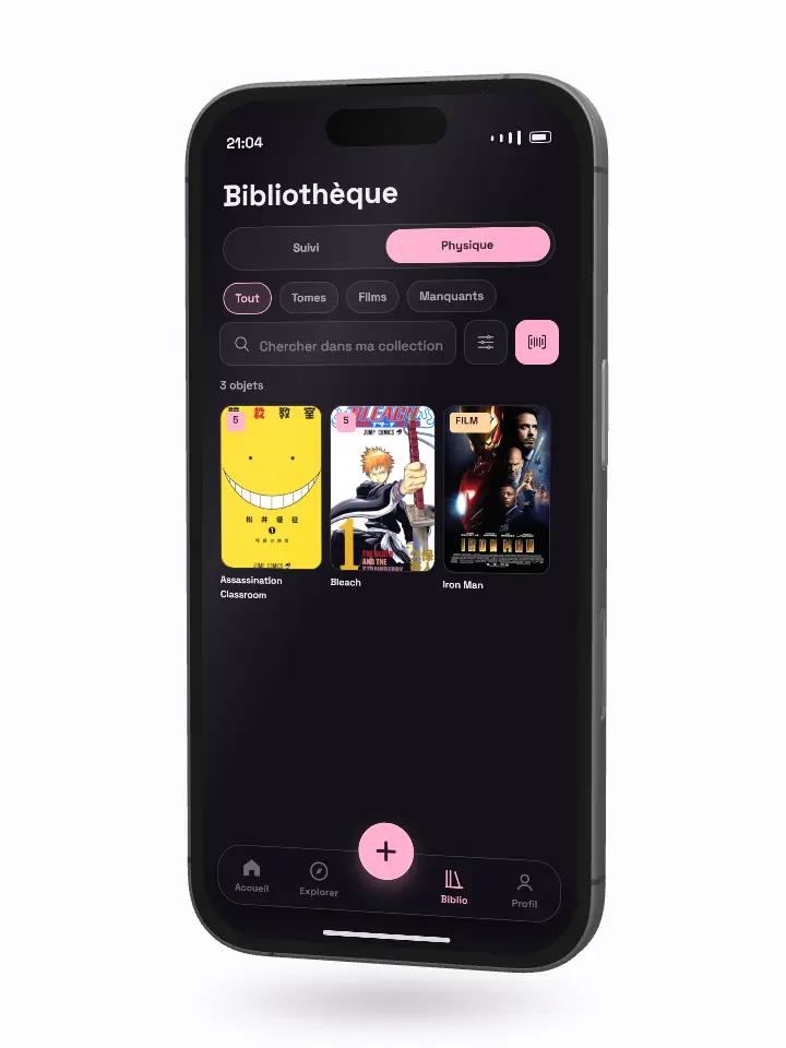 Sur un iPhone, la bibliothèque physique de Trackr, avec les tomes et les films possédés