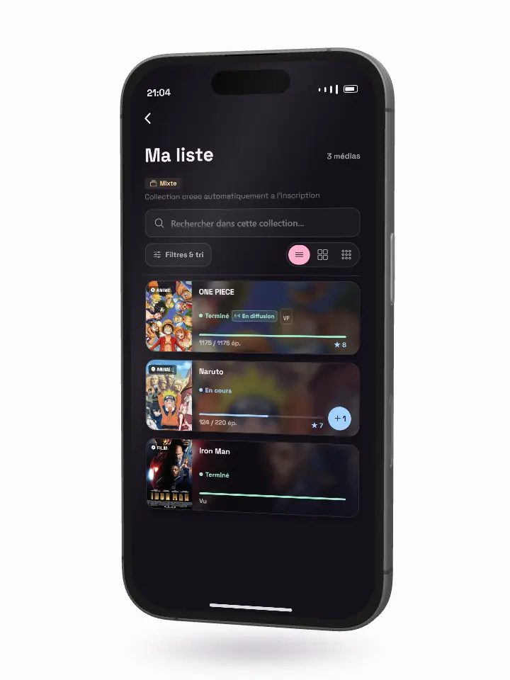 Sur un iPhone, la collection « Ma liste » : un appui sur le bouton plus de Naruto fait passer la progression de 124 à 125 épisodes