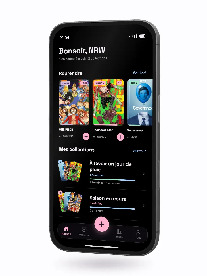 Sur un iPhone, une notification annonce l'épisode 1175 de ONE PIECE, et l'accueil compte un épisode de plus à rattraper