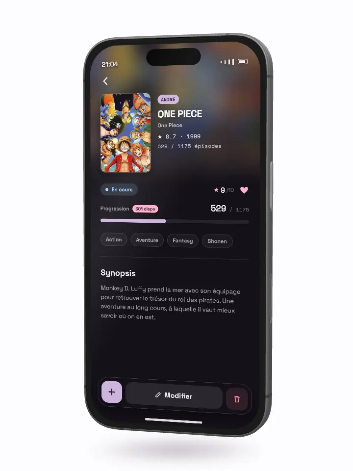 Sur un iPhone, la fiche de ONE PIECE : un appui sur le bouton plus fait passer la progression de 529 à 530 épisodes