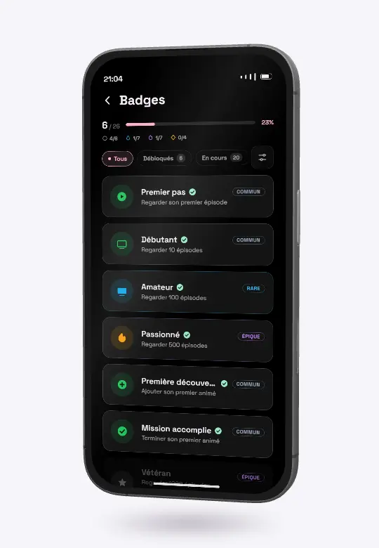 Sur un iPhone, l'écran Badges défile : six badges décrochés sur vingt-six, puis ceux qui restent avec leur avancement.