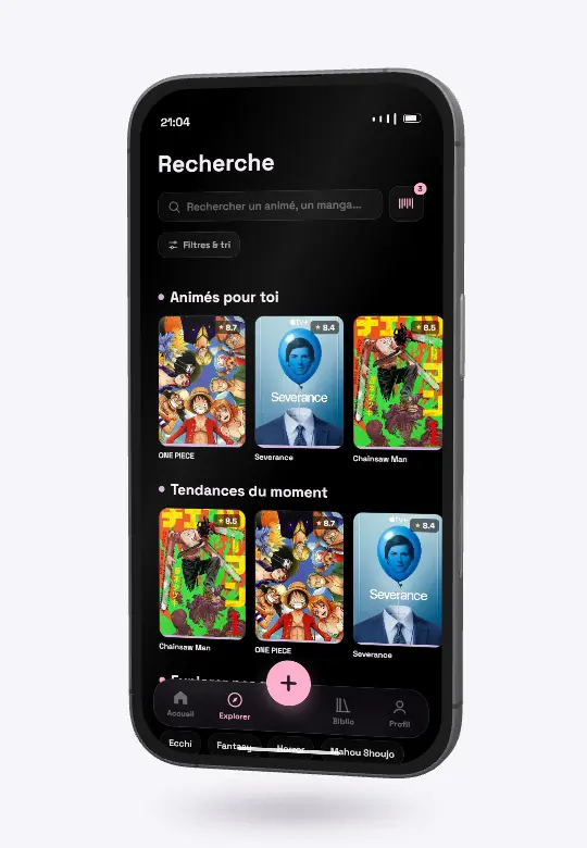 Sur un iPhone, l'onglet Explorer défile : les recommandations, les tendances du moment, puis les genres.