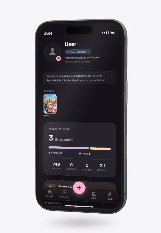 Sur un iPhone, le profil défile jusqu'au panneau « Ta bibliothèque » : trois titres suivis, 749 épisodes.