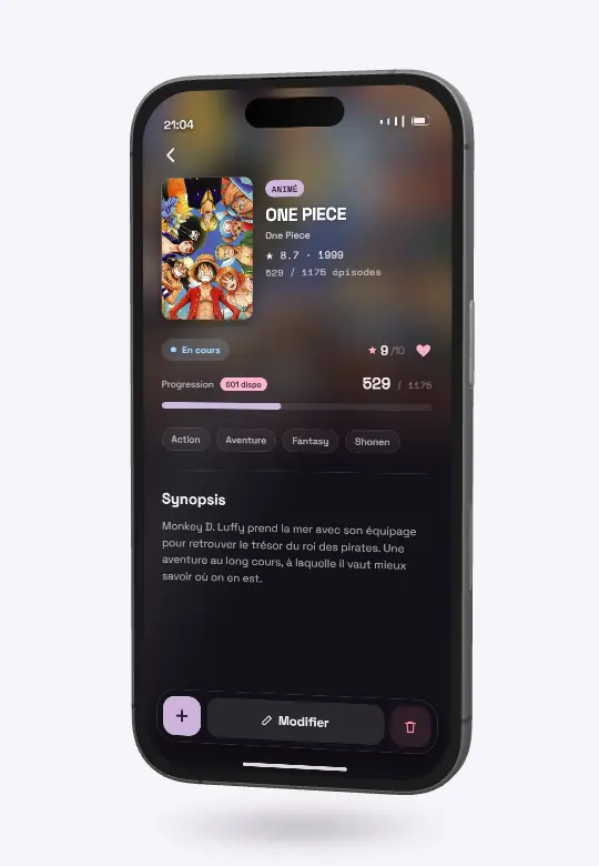 Sur un iPhone, la fiche de ONE PIECE défile : la progression, les genres, le synopsis.