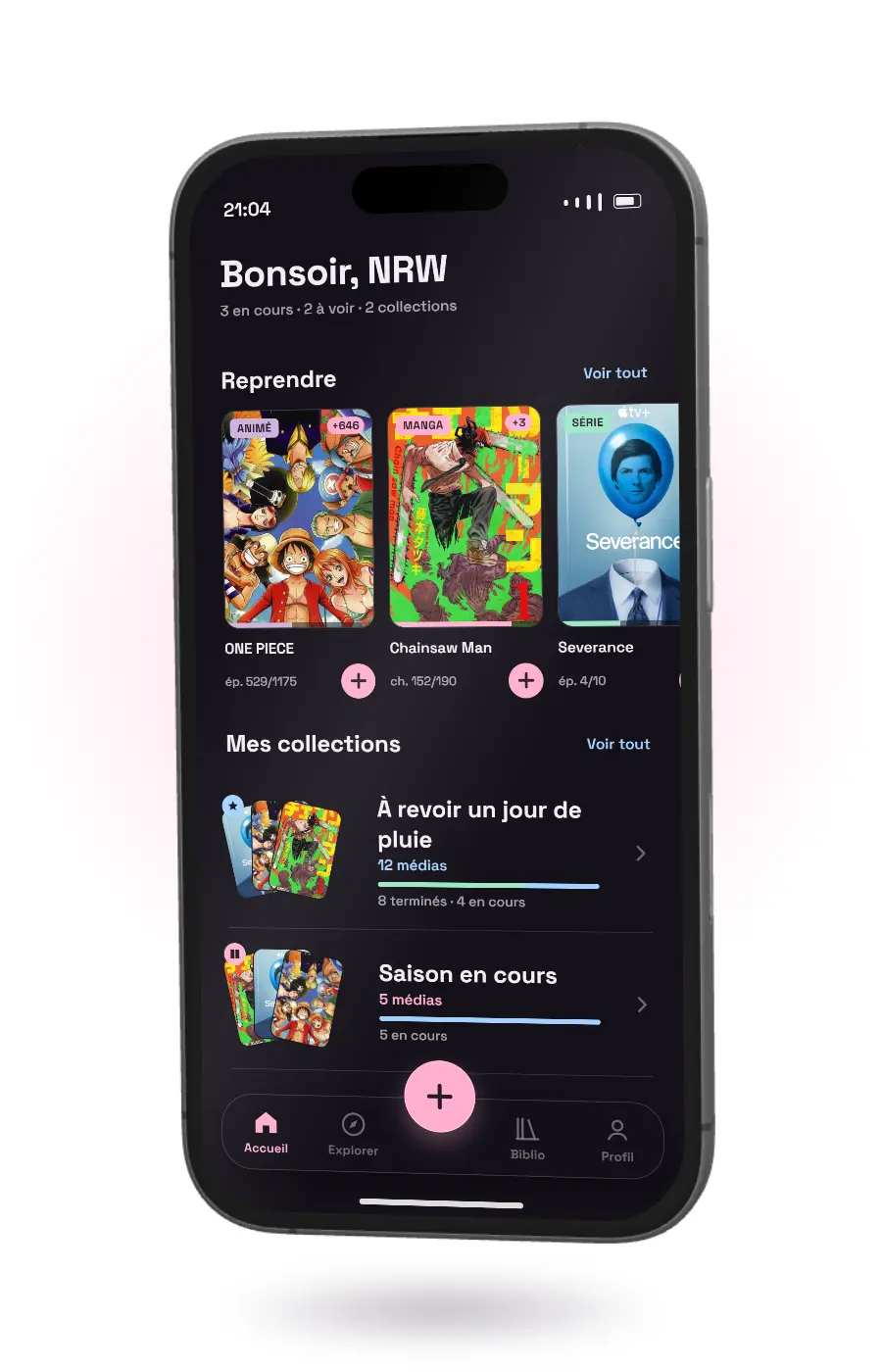 Sur un iPhone, Trackr en usage : un épisode marqué depuis l'accueil, la fiche de ONE PIECE, puis le scan d'un volume
