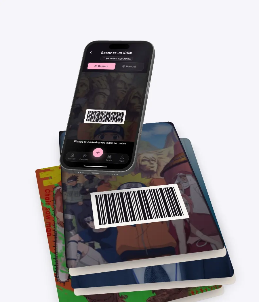 Un téléphone au-dessus d'une pile de volumes : la caméra de Trackr balaie le code-barres au dos du volume, puis le verrouille